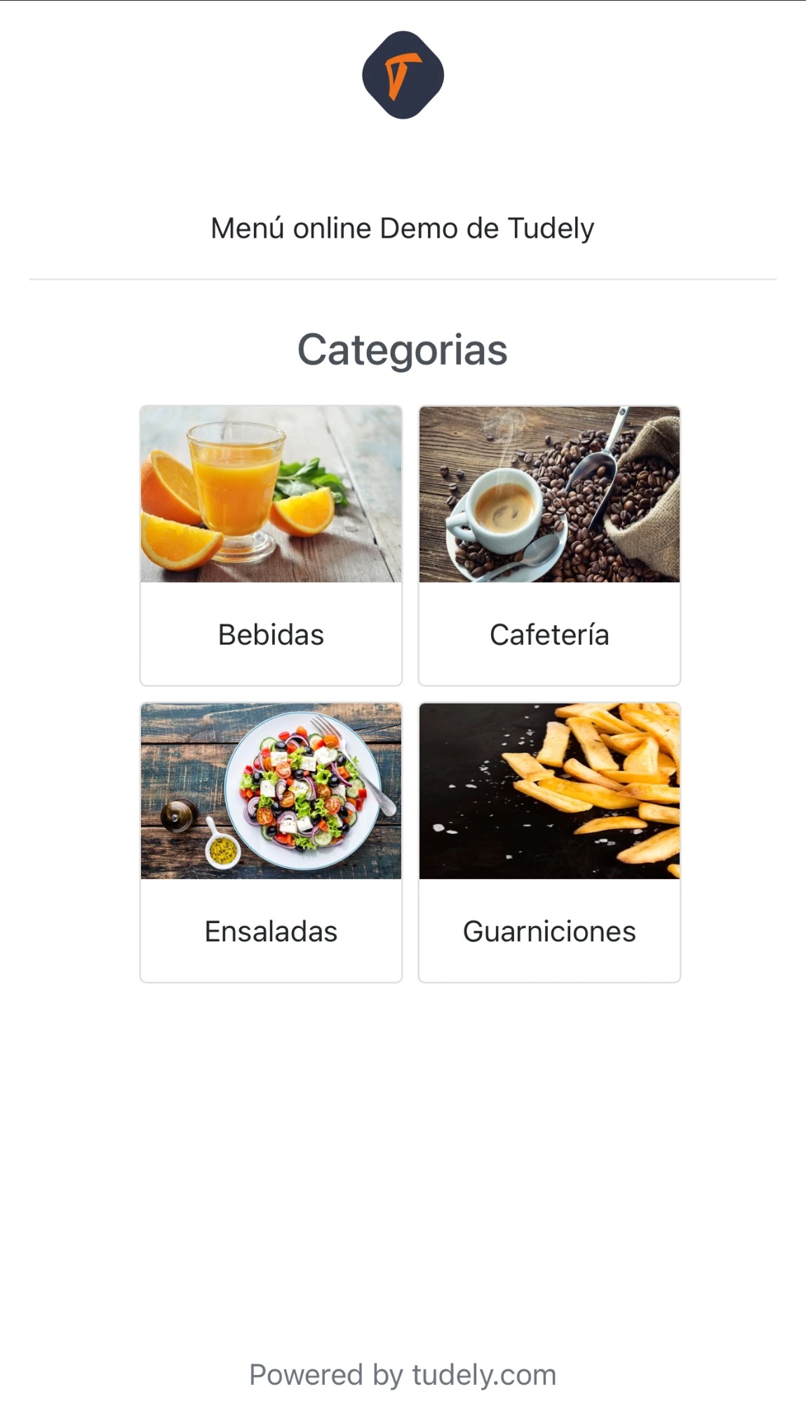 Menú online demo de Tudely: categorías Bebidas, Cafetería, Ensaladas y Guarniciones